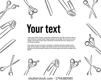Hairdresser poster or page for site. Professional scissors for haircuts. Template for hairdressing courses. Virtual background.