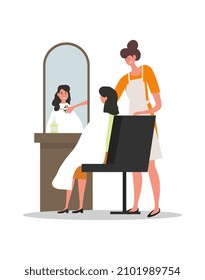 Hairdresser profession concept. Young female master in apron holds scissors and cuts ends of client hair. Hairstylists doing haircuts and hairstyles for women. Cartoon flat vector illustration