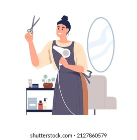 Hairdresser with professional tools at work. Hairstylist with scissors and hair dryer in hands in salon. Happy woman barber master portrait. Flat vector illustration isolated on white background