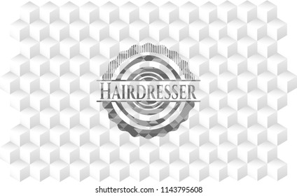 Hairdresser realistic grey emblem with cube white background