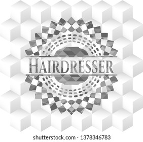 Hairdresser realistic grey emblem with cube white background