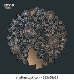 Hairdresser salon, barber illustration. Stylish silhouette of woman with long curly hair. Haircut concept.