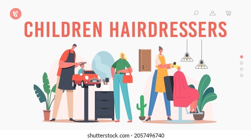 Hairdresser Salon for Children Landing Page Template. Master Cut Hairs and Making Hairstyle to Little Boy and Teen Girl Sitting in Chairs. Toddlers Child Barbershop. Cartoon People Vector Illustration