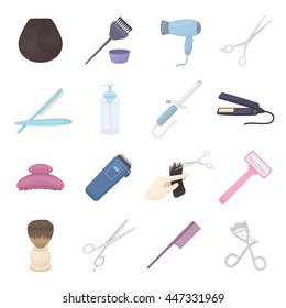 Hairdresser salon collection icons. Hair style, haircut in hairdresser. In big hairdresser set you found male and female haircut tool. Razor, scissors and another hairdresser equipment in cartoon.