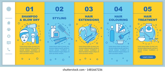 Hairdresser salon procedures onboarding mobile web pages vector template. Responsive smartphone website interface idea with linear illustrations. Webpage walkthrough step screens. Color concept 