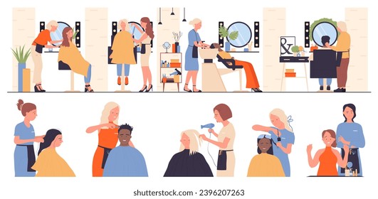 Hairdresser salon service set vector illustration. Cartoon isolated male and female customers sitting in front of mirror to comb and care, cut or wash hair, hairstyle for man and woman by stylist