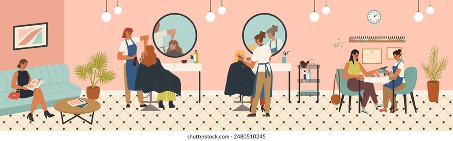 Hairdresser salon vector illustration with hairstylists and clients