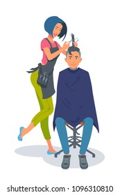 Hairdresser with scissors in hand at work. A young attractive woman cuts young man's hair. Boy sits, gets a haircut. Realistic body proportions. Cartoon style vector illustration isolated from white.