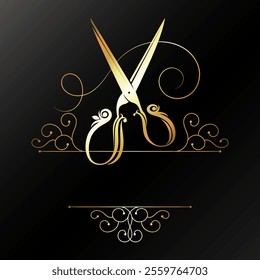 Hairdresser scissors with lock of hair and curl pattern. Golden symbol signboard frame of beauty salon