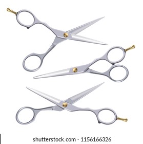 Hairdresser Scissors. Naturalistic 3D Professional Hair Dresser Scissors With Gold Elements Isolated On White Background.