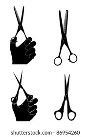 hairdresser scissors set. scissors in hand. vectors.