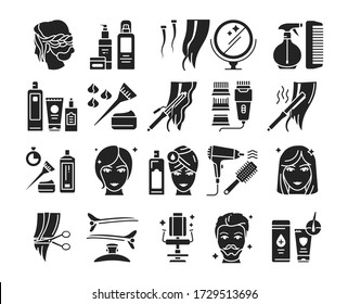 Hairdresser service black glyph icons set. Professional hair styling. Beauty industry. Pictograms for web page, mobile app, promo. UI/UX/GUI design element.
