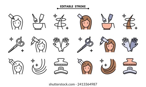 Hairdresser service color outline icons set. Editable stroke. Beauty industry. Professional hair styling. Pictograms collection for web page, mobile app, promo. UI UX GUI design element.