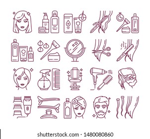 Hairdresser service line icons set. Professional hair styling. Beauty industry. Pictograms for web page, mobile app, promo. UI/UX/GUI design element. Editable stroke.