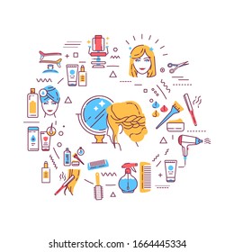 Hairdresser service web banner. Professional hair styling. Infographics with linear icons on white background. Creative idea concept Isolated outline color illustration