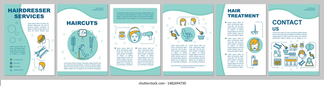 Hairdresser services brochure template layout. Hair styling flyer, booklet, leaflet print design with linear illustrations. Vector page layouts for magazines, annual reports, advertising posters