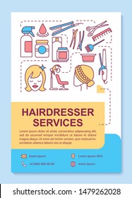 Hairdresser services poster template layout. Hairstylist tools and equipment. Banner, booklet, leaflet print design with linear icons. Vector brochure page layout for magazines, advertising flyers