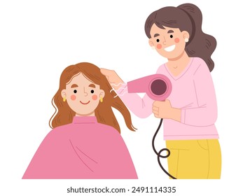 Hairdresser serving clients cartoon illustration