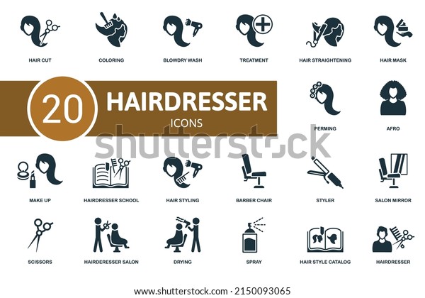 Hairdresser set icon.\
Contains hairdresser illustrations such as coloring, treatment,\
hair mask and\
more.