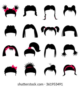 Hairdresser set isolated on white background. Collection of of woman hair styling. Glamour hairdo styles. Women hairstyle. Different kinds of hairdress for girl. Vector design illustration