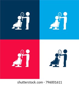 Hairdresser showing a mirror to the client four color material and minimal icon logo set in red and blue