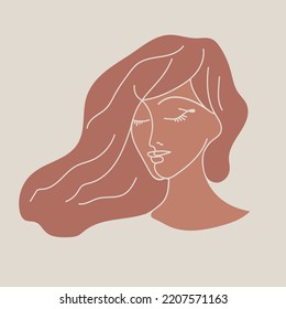 Hairdresser studio, beauty salon, skin care illustration.Fashion, cosmetics, spa icon isolated on light fund.Cute young lady portrait.Beautiful hairstyle model.Glamour logo.Woman face.