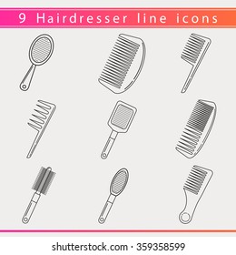 Hairdresser styling accessories, professional haircut tools outlined comb thin line icon set isolated silhouettes. Hairdressing symbol. Equipment for hair salon and barbershop. 