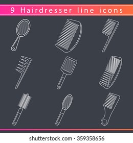 Hairdresser styling accessories, professional haircut tools outlined comb thin line icon set isolated silhouettes. Hairdressing symbol. Equipment for hair salon and barbershop. 