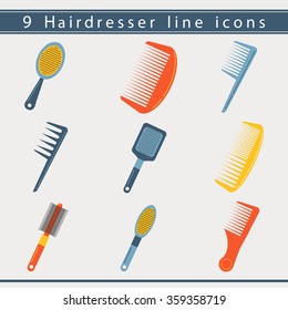 Hairdresser styling accessories, professional haircut tools flat icon set of isolated comb silhouettes. Hairdressing symbol. Equipment for hair salon and barbershop. 