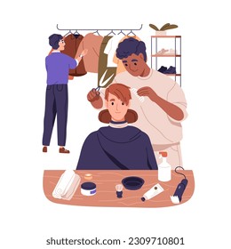 Hairdresser styling hair, making hairdo, fashion stylist choosing clothes, outfit. Hairstylist and image-maker work under man makeover. Flat graphic vector illustration isolated on white background