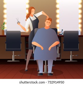 Hairdresser stylist barber gradient flat people composition with hairdressing salon interior seats mirrors and human characters vector illustration