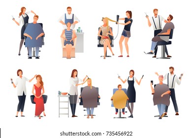 Hairdresser stylist barber gradient flat people images collection of isolated doodle characters of hairdressing experts with clients vector illustration