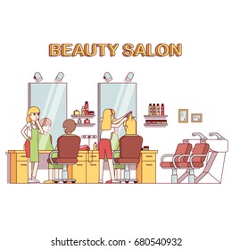 Hairdresser stylist making client girl hairstyle or haircut. Woman hairdressing beauty salon interior design with chairs, mirrors, desks, backwash sinks. Flat style thin line vector illustration.