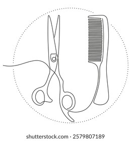 Hairdresser symbol concept. Professional hair tools, for haircuts. Scissors and comb line drawing. Image for barber shop or salon. Accessories instruments for haircuts. Simple vector illustration.