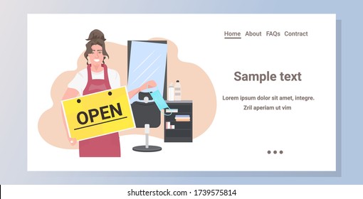 Hairdresser Taking Off Face Mask Holding Open Sign Board Coronavirus Quarantine Is Ending Victory Over Covid-19 Concept Modern Beauty Salon Interior Horizontal Portrait Vector Illustration