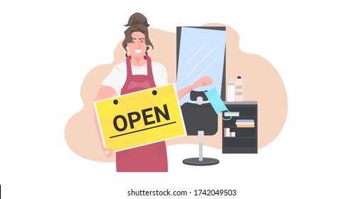 hairdresser taking off face mask holding open sign board coronavirus quarantine is ending victory over covid-19 concept modern beauty salon interior horizontal portrait vector illustration