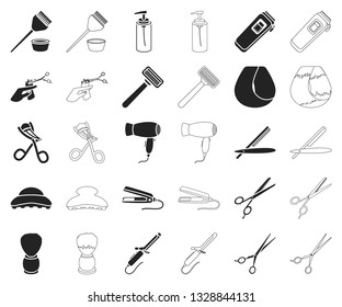 Hairdresser and tools black,outline icons in set collection for design.Profession hairdresser vector symbol stock web illustration.