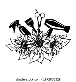 Hairdresser tools with a bouquet of sunflower flowers. Logo for the salon. Vector illustration for stylist.