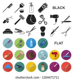 Hairdresser and tools flat icons in set collection for design.Profession hairdresser vector symbol stock web illustration.