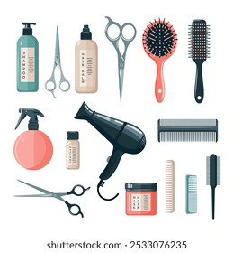 Hairdresser tools. Hair care, professional tools for hair cutting and styling. Vector set of objects on white background.