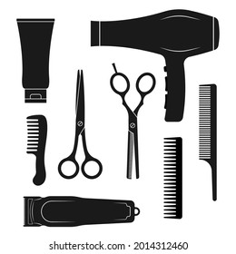 Hairdresser tools icon set. Hair salon equipment silhouettes. Accessories for haircut with scissors, comb, brush, dryer. Vector illustration.