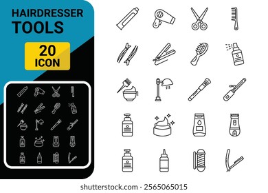 hairdresser tools icon set. Hair dryer, curling and flat iron, scissors, comb, brush in freehand style. Beauty objects 