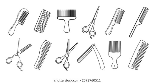 Hairdresser tools icon set. Simple illustration of barber shop tools and equipment. Scissors, razor, comb ect illustration. 