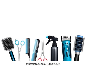 Hairdresser tools on white background including brushes and combs sprayer various scissors and trimmer vector illustration  