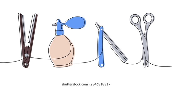 Hairdresser tools one line colored continuous drawing. Hair straightener, perfume sprayer, razor blade, scissors continuous one line illustration.