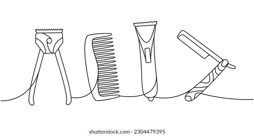 Hairdresser tools one line continuous drawing. Old and electric clipper, hair comb, sharp razor blade continuous one line illustration.