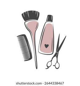 Ferramentas de cabeleireiro. Tesoura, escova, xampu, pente. Logo do salão de beleza. Ilustração vetorial para banner, capa, marketing.