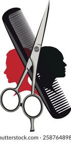 Hairdresser tools scissors and comb with man and woman faces