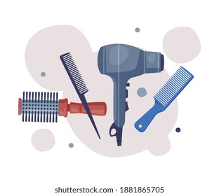 Herramientas de peluquería Set, Suministros de barbero para el corte de pelo profesional de estilo, Secador de pelo, peine, Pincel de pelo, Ilustración de vectores de dibujos animados