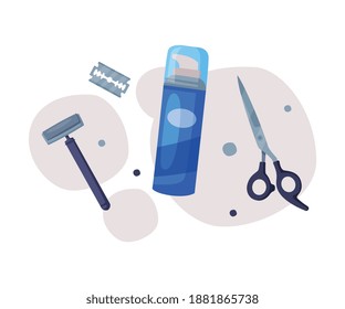 Hairdresser Tools Set, Barber Supplies for Styling Professional Haircut, Shaving Foam, Razor, Scissors Cartoon Vector Illustration
